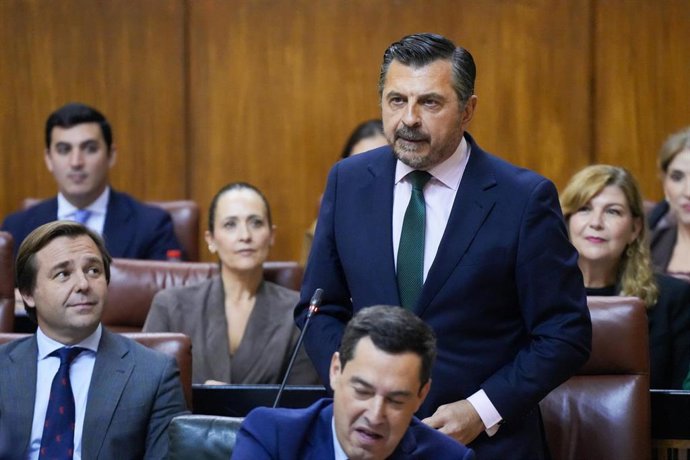 El portavoz del Grupo Popular, Toni Martín, este jueves durante su pregunta dirigida al presidente de la Junta en el Pleno del Parlamento.