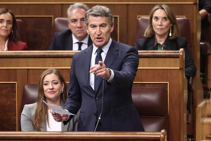 El presidente del Partido Popular, Alberto Núñez Feijóo, interviene durante una sesión de control al Gobierno, en el Congreso de los Diputados, a 12 de noviembre de 2025, en Madrid (España). 