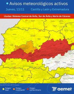 La Aemet emite aviso rojo por fuertes lluvias en el norte de Cáceres, Sistema Central y sur de Ávila