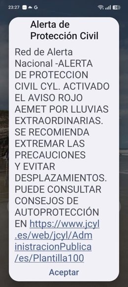 Mensaje Es-alert enviado esta noche en Ávila