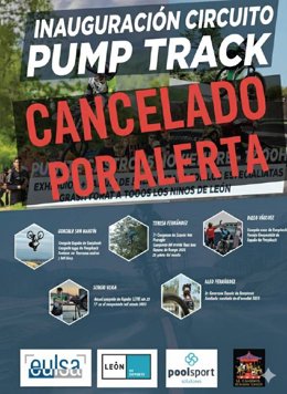 Cartel de la jornada inaugural del pump track de León, que ha sido cancelada.