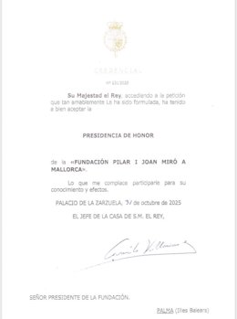 Casa Real renueva la credencial de la Presidencia de Honor de Fundació Pilar i Joan Miró Mallorca que ejerce Felipe VI