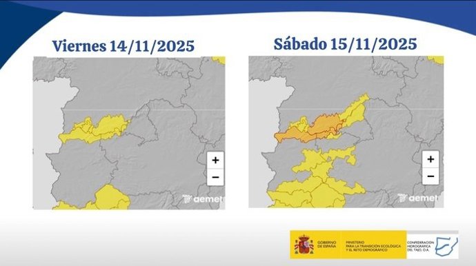 Mapas difundidos por la CHT con las zonas en aviso amarillo y naranja para el viernes 14 y el sábado 15
