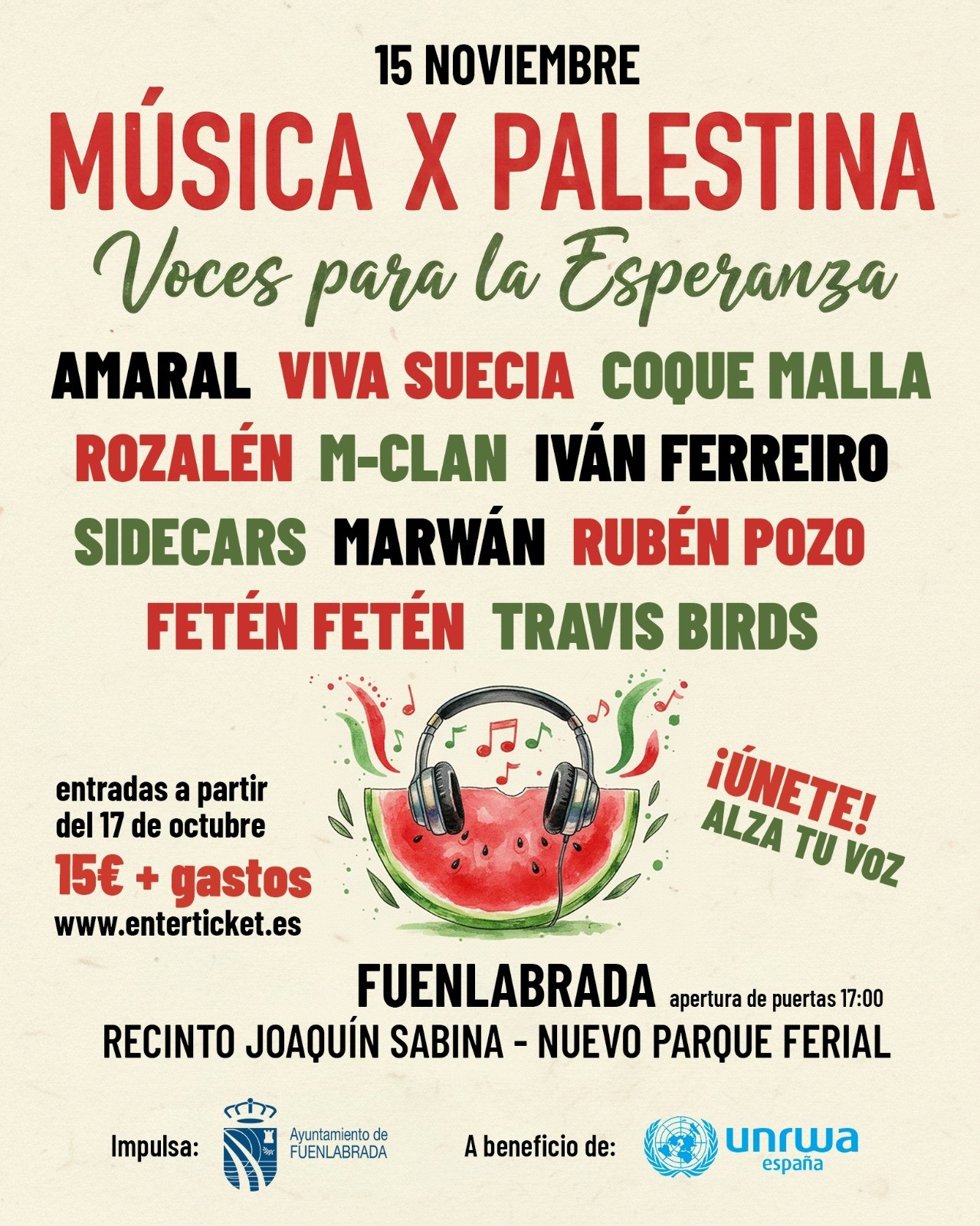 Amaral, Viva Suecia, Coque Malla y Sidecars se sumarán al cartel del concierto solidario 'Música X Palestina' en Fuenlabrada
