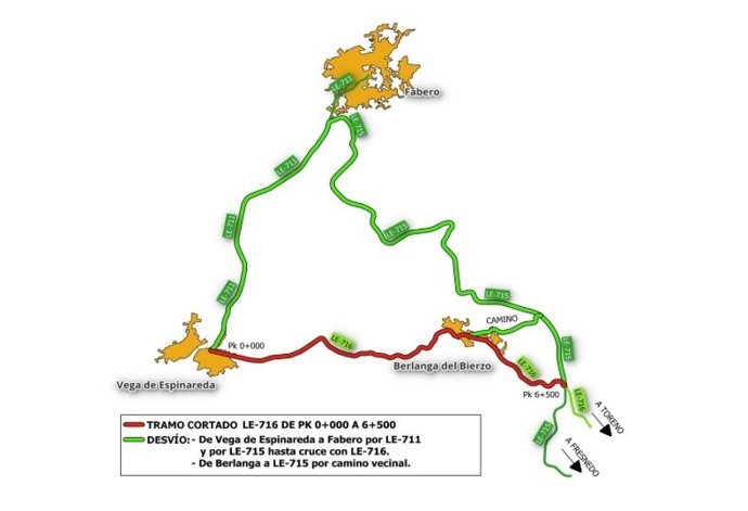 La Junta prolonga hasta el 28 de noviembre el el corte al tráfico en la LE-716 de Vega de Espinareda al cruce con LE-715
