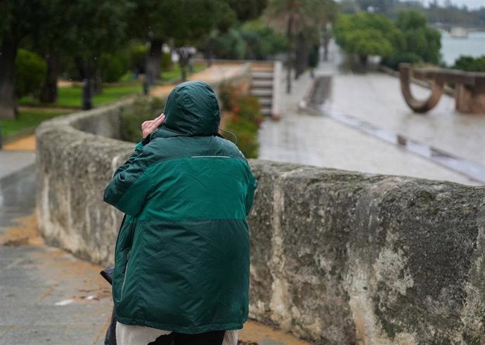 Sevillanos protegiéndose de la lluvia y el viento, protagonistas de la jornada de hoy con avisos naranja y amarillo en gran parte de Andalucía. A 13 de noviembre de 2025, en Sevilla (Andalucía, España). 