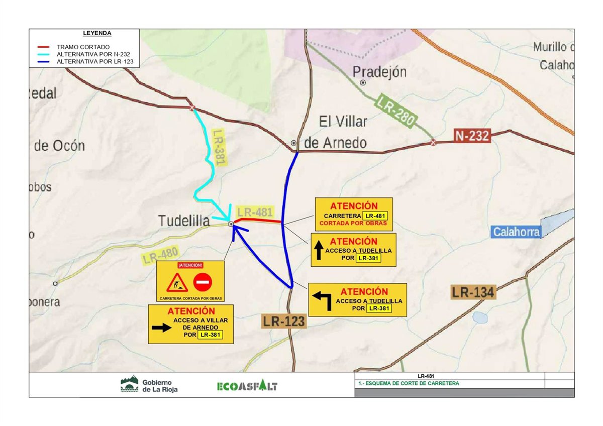 La carretera LR-481 en Tudelilla estará cortada totalmente al tráfico de lunes a viernes por obras