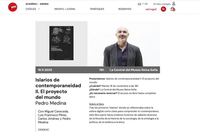 Cartel de la próxima presentación del libro 'Islarios de contemporaneidad II. El proyecto del mundo' de Pedro Medina en La Central del Museo Reina Sofía.