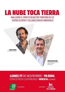 Cartel del debate que celebra este lunes 17 en Huesca IU Aragón para analizar el impacto ambiental de los centros de datos.