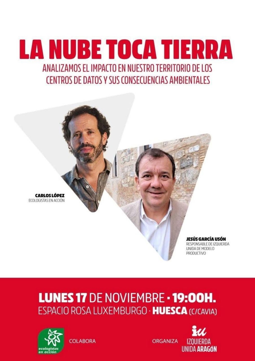 Cartel del debate que celebra este lunes 17 en Huesca IU Aragón para analizar el impacto ambiental de los centros de datos.
