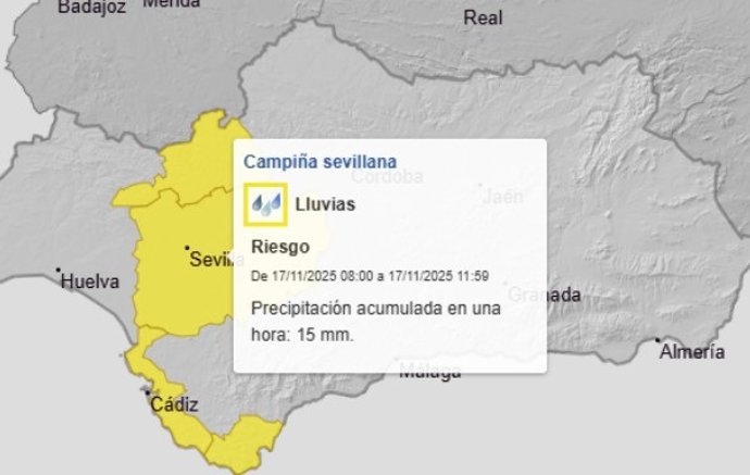 Aviso amarillo activado por Aemet en Sevilla hasta mediodía del lunes 17 de noviembre