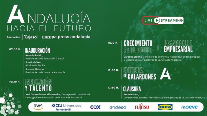 Cartel anunciador de la quinta edición del foro 'Andalucía hacia el futuro' de Europa Press y Fundación Cajasol que inaugura el presidente de la Junta, Juanma Moreno