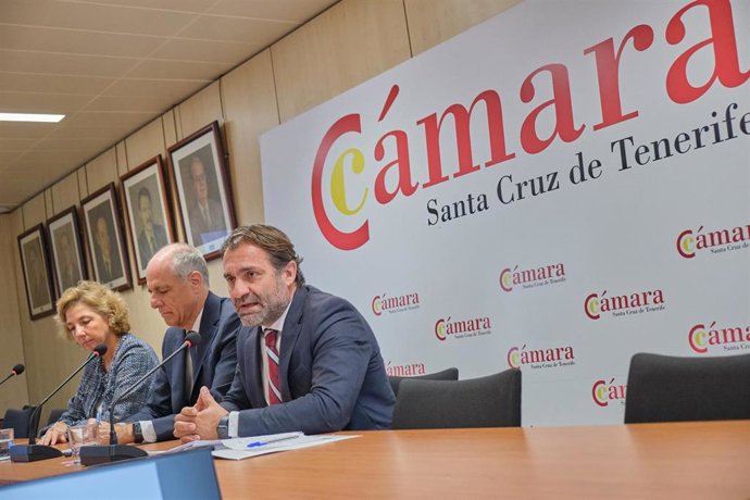 La directora general de la Cámara de Comercio, Lola Pérez, el presidente, Santiago Sesé, y el consejero de Industria del Cabildo de Tenerife, Manuel Fernández, en la presentación del Boletín de Coyuntura Económica