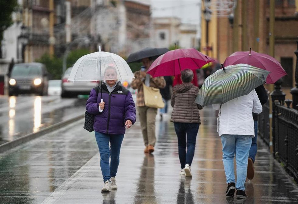 Personas protegiéndose de la lluvia y el viento