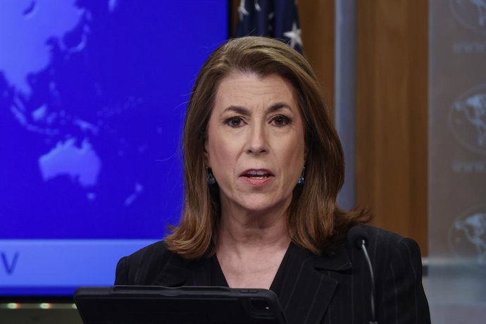 Archivo - 10 April 2025, US, Washington: US Department of State Spokesperson Tammy Bruce speaks about peace in Gaza and Ukraine during the Department of State Press Briefing. Photo: Mehmet Eser/ZUMA Press Wire/dpa