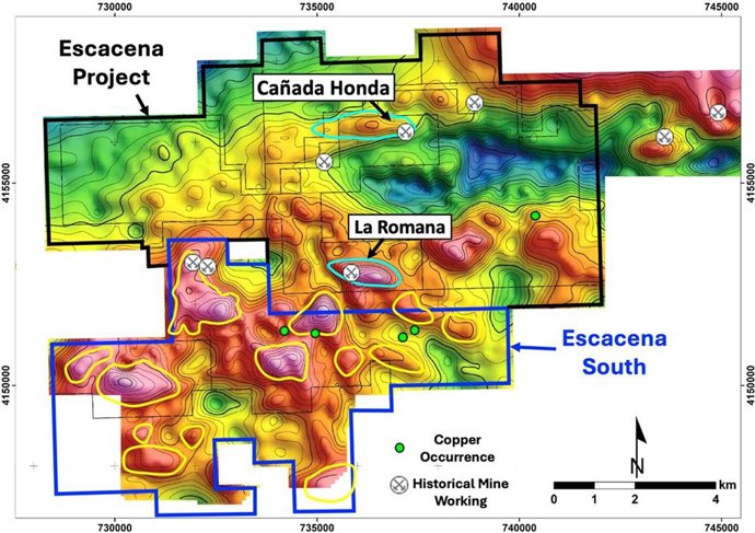 Figure 1 - Gravity anomaly map showing the location of the Cañada Honda target, and other selected targets in Escacena and new Escacena South area