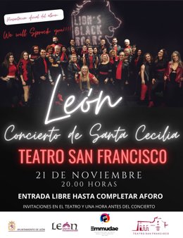 Cartel del concierto que ofrecerá Lion's Black Roars en el Teatro San Francisco de León con motivo de la festividad de Santa Cecilia.