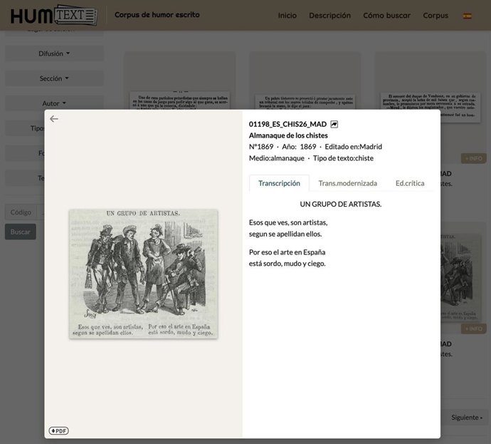 Vista ampliada con los detalles de uno de los recursos de humor escrito disponibles en la plataforma Humtext