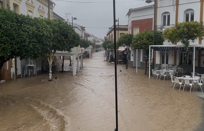 Inundación en Nerva (Huelva) por el paso de la borrasca Claudia este pasado sábado.