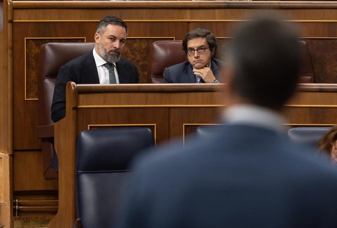 Archivo - El líder de VOX, Santiago Abascal (i) y el diputado de VOX José María Figaredo (d), durante una sesión de control al Gobierno, en el Congreso de los Diputados, a 26 de junio de 2024, en Madrid (España).  