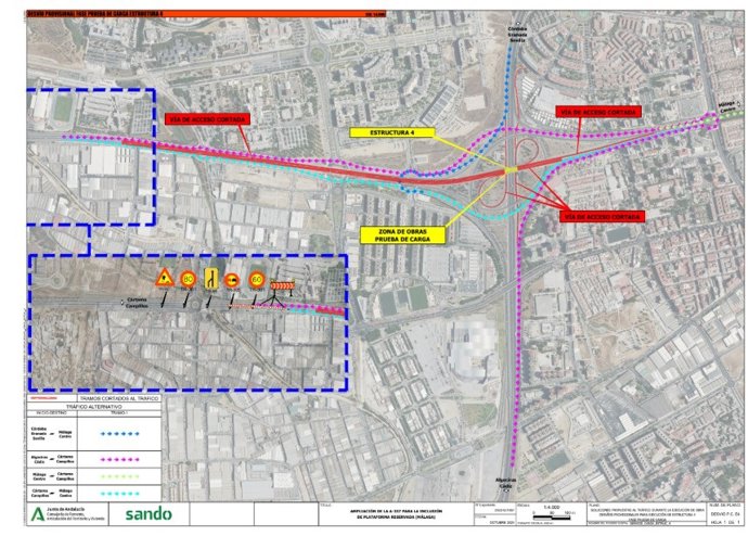 Corte nocturno de la A-357 en su acceso a Málaga por las pruebas de carga de las estructuras del carril Bus Vao