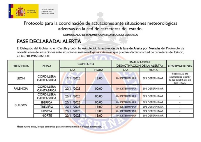 Activación de la fase de alerta en León, Palencia y Burgos a partir del 19 de noviembre.