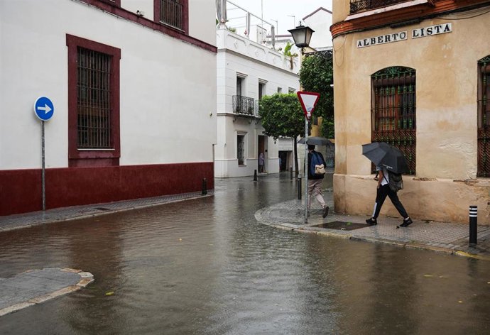 Calles anegadas de agua tras las lluvias torrenciales el 29 de octubre en Sevilla.