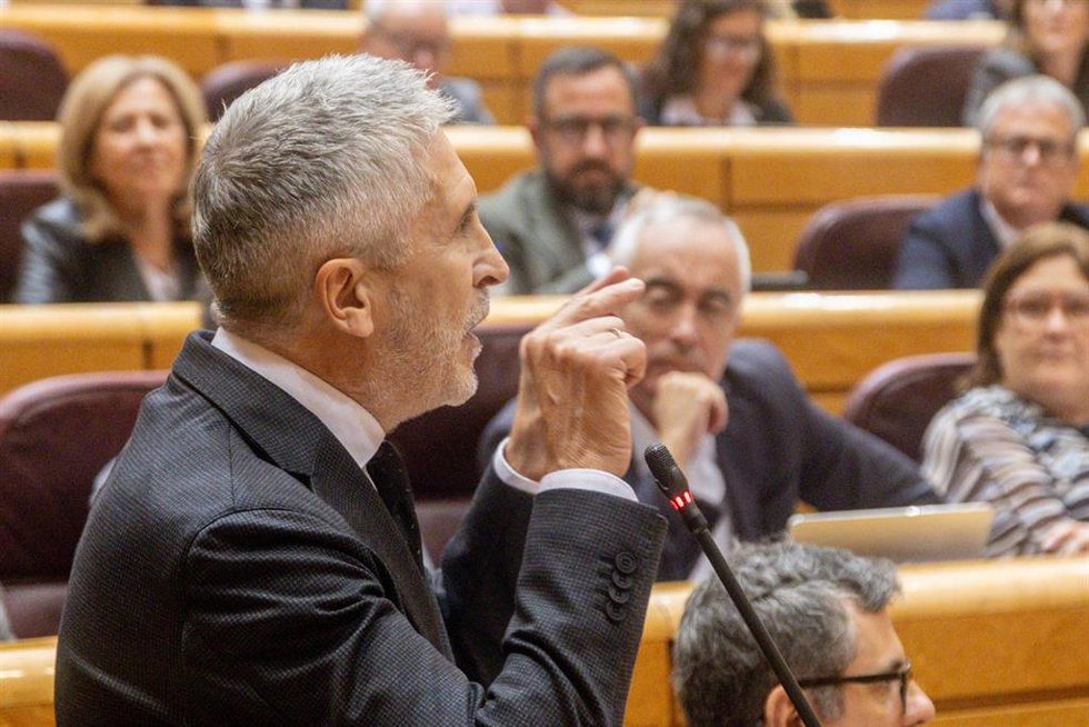 El ministro del Interior, Fernando Grande-Marlaska, interviene durante una sesión de control al Gobierno, en el Senado, a 18 de noviembre de 2025, en Madrid (España). 