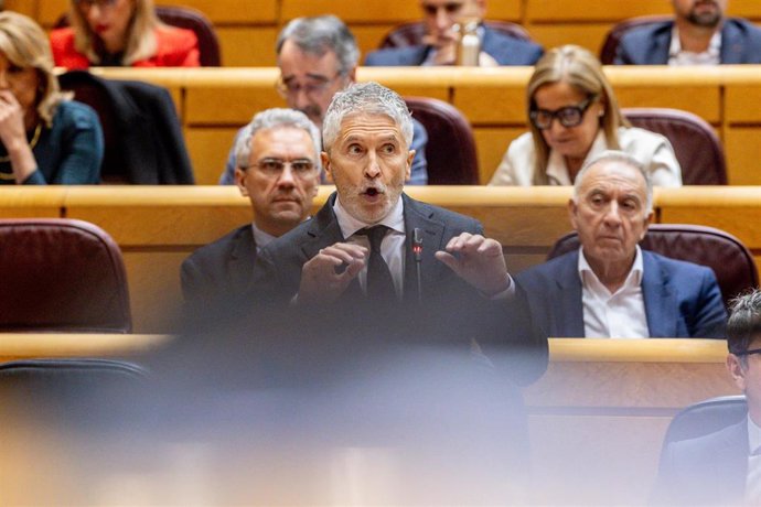 El ministro del Interior, Fernando Grande-Marlaska, interviene durante una sesión de control al Gobierno, en el Senado