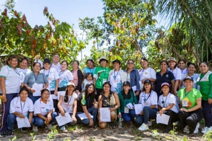 Un gruo de 25 lideresas productoras de cacao sostenible de Amazonas, Ayacucho, Cusco, Pasco, Piura, Tumbes y San Martín se reunieron en el evento de Intercambio Nacional de Experiencias en Pango, Junín en noviembre de 2025.
