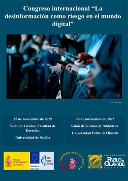 Cartel del Congreso internacional 'La desinformación como riesgo en el mundo digital', organizado por la Universidad Pablo de Olavide (UPO) y la Universidad de Sevilla (US).