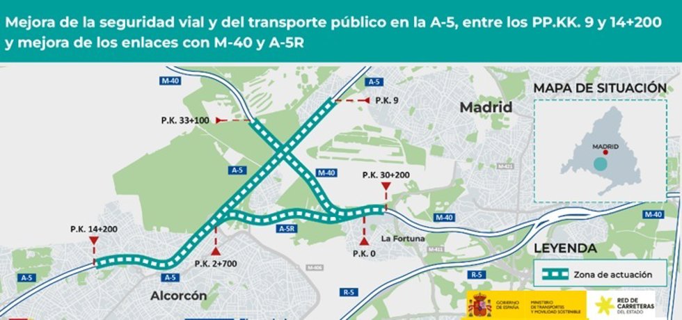 Obras de mejora de la seguridad vial y del transporte público en la A-5