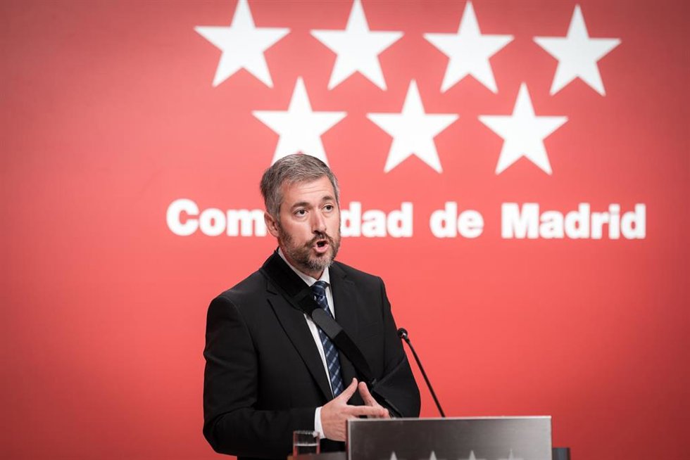 El consejero de Presidencia, Justicia y Administración Local, y portavoz del Gobierno autonómico, Miguel Ángel García Martín, durante una rueda de prensa tras la reunión del Consejo de Gobierno de la Comunidad de Madrid