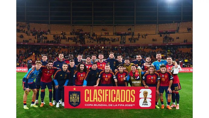 Los jugadores de la selección española tras clasificarse para el Mundial 2026.