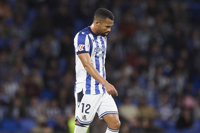 Yangel Herrera of Real Sociedad reacts during the LaLiga EA Sports match between Real Sociedad and Sevilla FC at Anoeta on October 24, 2025, in San Sebastian, Spain.