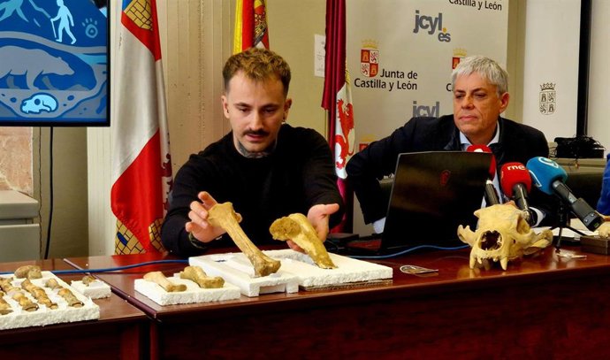 El principal investigador de Frontera Cantábrica, el paleobiólogo Darío Fidalgo (izquierda), muestra algunos de los restos hallados en la provincia de León de diferentes osos. A su lado, el delegado territorial de la Junta en León, Eduardo Diego.