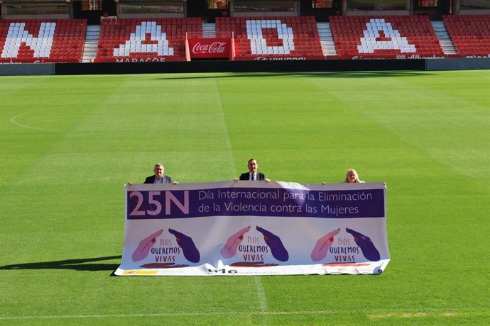 Desde la izquierda el subdelegado del Gobierno, José Antonio Montilla, el director general del Granada CF, Alfredo García Amado, y la jefa de Unidad contra la Violencia sobre la Mujer de la Subdelegación, Montserrat Muñoz