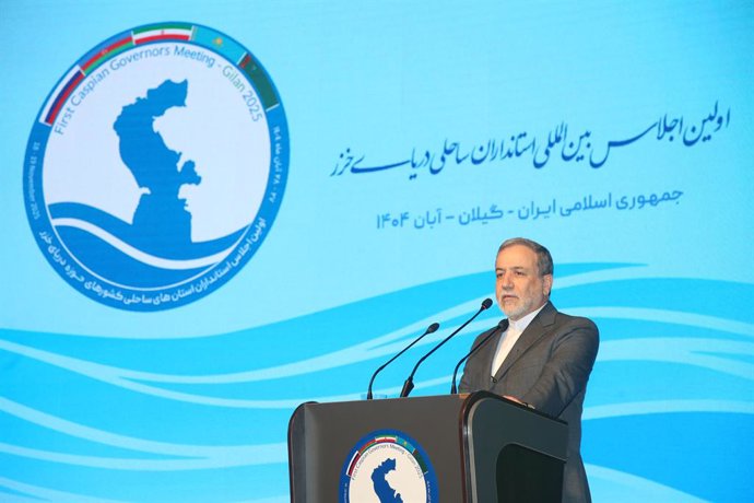 TEHRAN, Nov. 18, 2025  -- Iranian Foreign Minister Seyed Abbas Araghchi speaks during the opening ceremony of the First Caspian Governors' Forum in the northern city of Rasht, Iran, Nov. 18, 2025. Iran on Tuesday opened the First Caspian Governors' Forum 