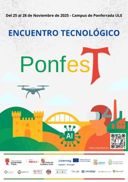 Cartel del PonfesT, el evento de formación tecnológica de alto nivel que se celebrará en el Campus de Ponferrada de la ULE.