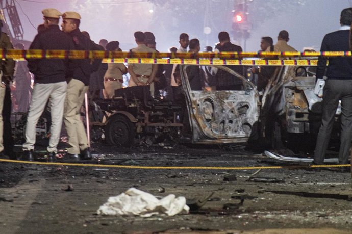 November 10, 2025, New Delhi, Delhi, India: Security personnel inspect the site where a car explosion or blast had taken place near the Red Fort monument in the old quarters of New Delhi, India on November 10, 2025.