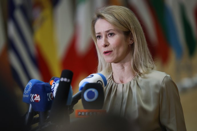 HANDOUT - 20 November 2025, Belgium, Brussels: High Representative of the EU for Foreign Affairs and Security Policy Kaja Kallas speaks to the press ahead of the EU Foreign Ministers' meeting in Brussels. Photo: Alexandros Michailidis/EU Council/dpa - ATT