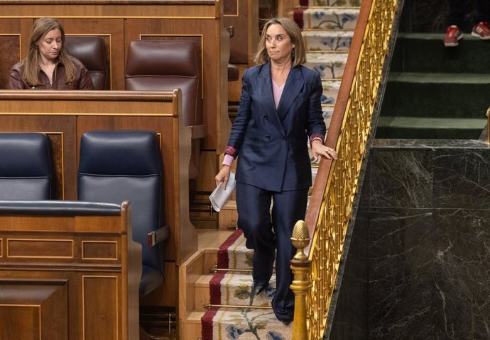 O secretário adjunto de regeneração institucional do Partido Popular, Cuca Gamarra (à direita), e a porta-voz do PP no Congresso, Ester Muñoz, durante a sessão plenária do Congresso dos Deputados, em 28 de outubro de 2025, em Madri (Espanha). A sessão ple