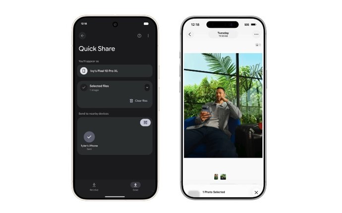 Recurso de envio de fotos entre o Quick Share e o AirDrop