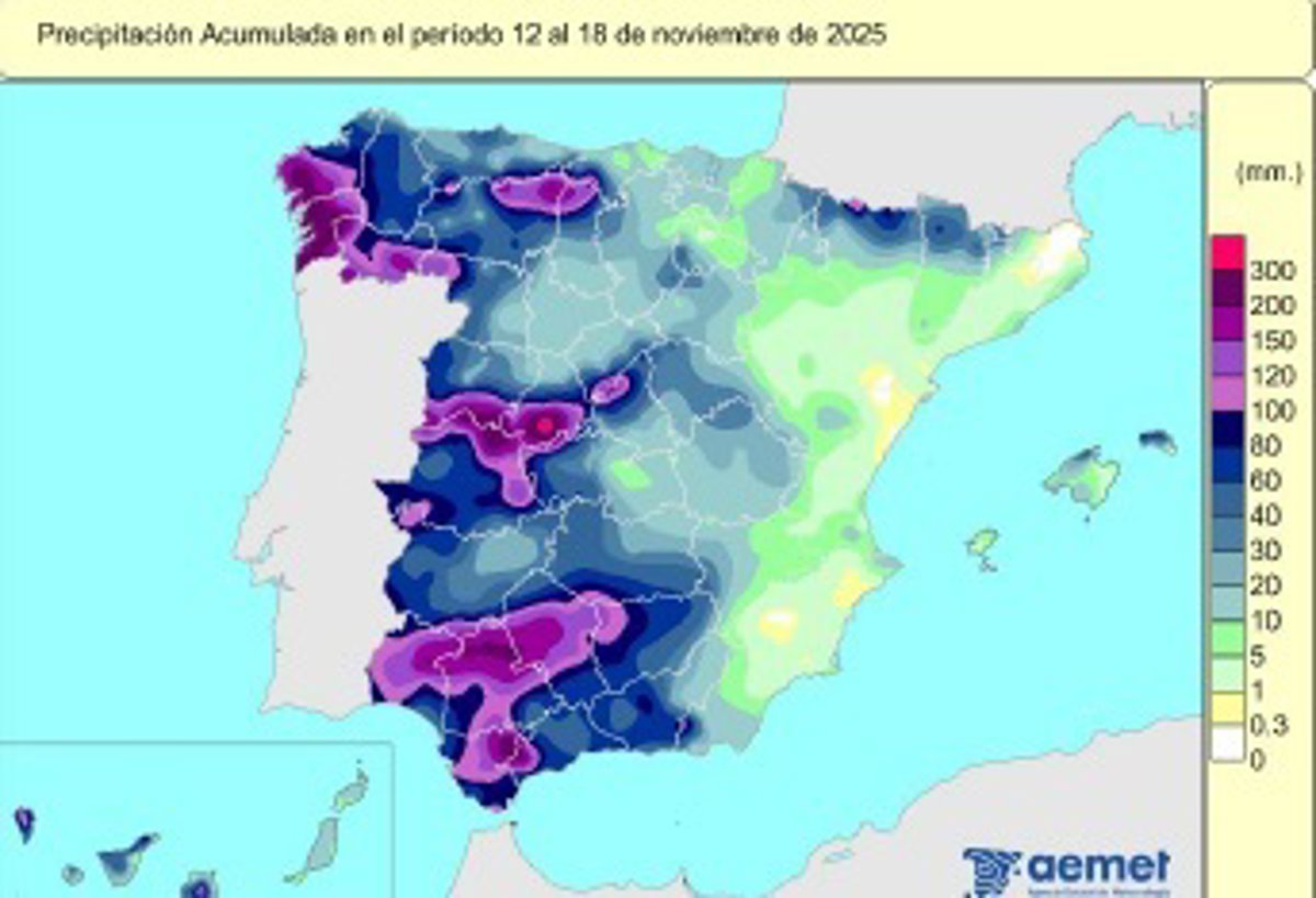 España registra 122 l/m2 de lluvias acumuladas hasta el 18 de noviembre, valor normal para este periodo