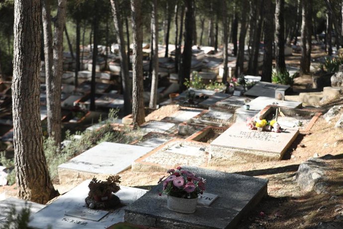 Archivo - Esculturas en miniatura y flores colocadas en una de las lápidas de un cementerio en imagen de archivo.