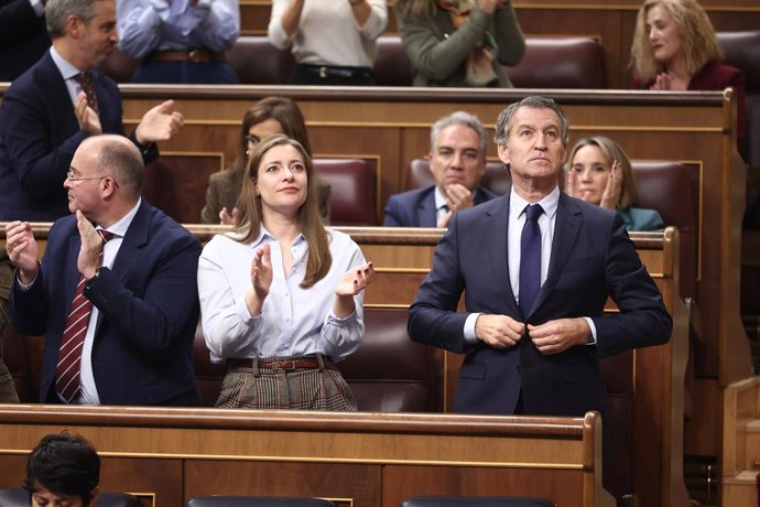 El secretario general del PP, Miguel Tellado, la portavoz del PP en el Congreso, Ester Muñoz, y el presidente del PP, Alberto Núñez Feijóo, durante una sesión de control al Gobierno, en el Congreso de los Diputados, a 19 de noviembre de 2025, en Madrid (E