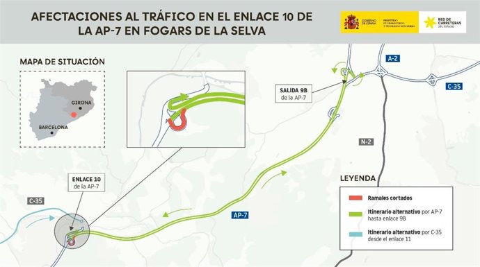 Mapa de situació de les afectacions per les obres de l'AP-7 a Fogars de la Selva (Barcelona)