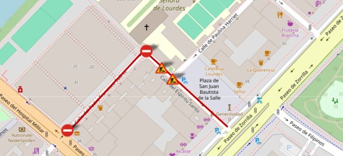 Plano de la afección por obras en las calles Francisco Suárez y Espíritu Santo de Valladolid.