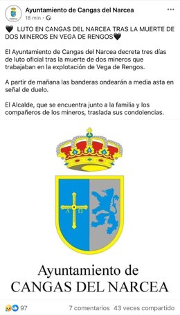 Comunicado del Ayuntamiento de Cangas del Narcea (Asturias) tras la muerte de dos personas en el derrumbe de una mina en la localidad.