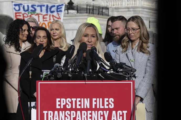 November 18, 2025, Washington, District Of Columbia, United States: Rep. Marjorie Taylor Greene (R-GA) speaks alongside Epstein abuse survivors, and lawmakers during a news conference on the Epstein Files Transparency Act outside the U.S. Capitol in Washi